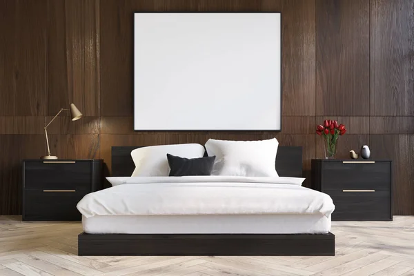 Donkere houten slaapkamer met een poster — Stockfoto