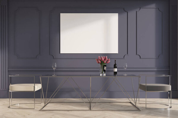 Gray dining room, white and gray chairs, poster