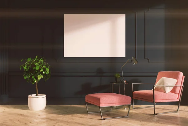 Sala de estar gris, sillón rosa, cartel tonificado — Foto de Stock