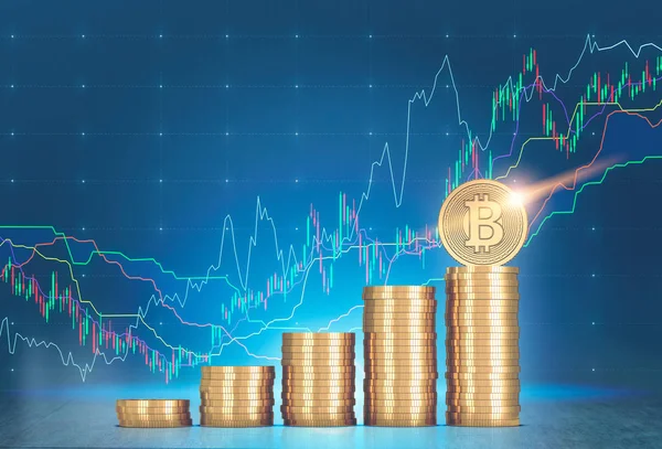 Montones de bitcoins, gráficos, fondo azul — Foto de Stock