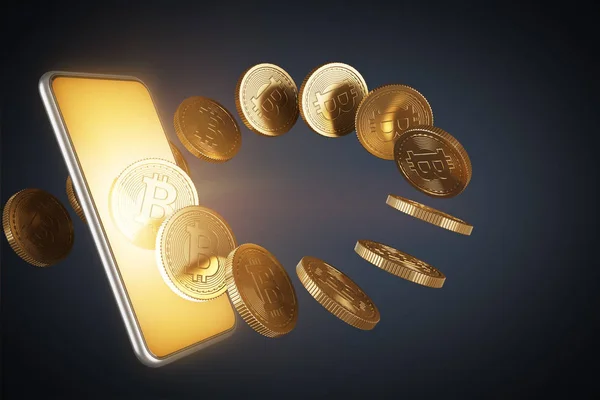 Золото екрану смартфона, bitcoin — стокове фото