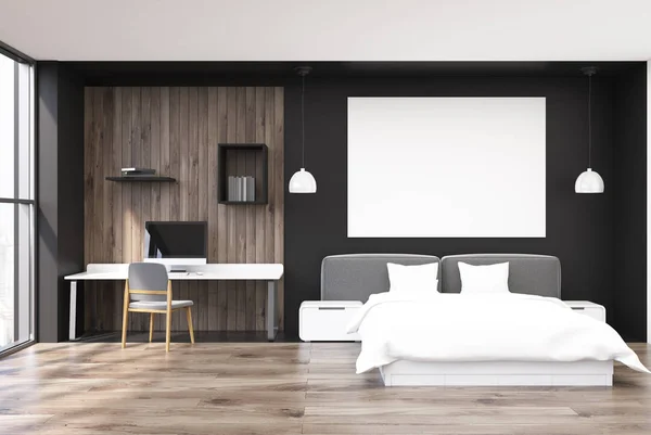 Czarny i drewniane sypialnia, biuro w domu — Zdjęcie stockowe
