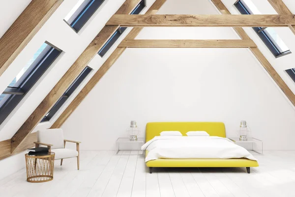Beyaz tavan yatak odası iç, sarı yatak
