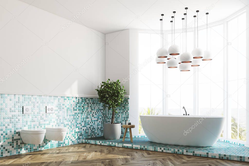 Green bathroom interior, tub and toilets side