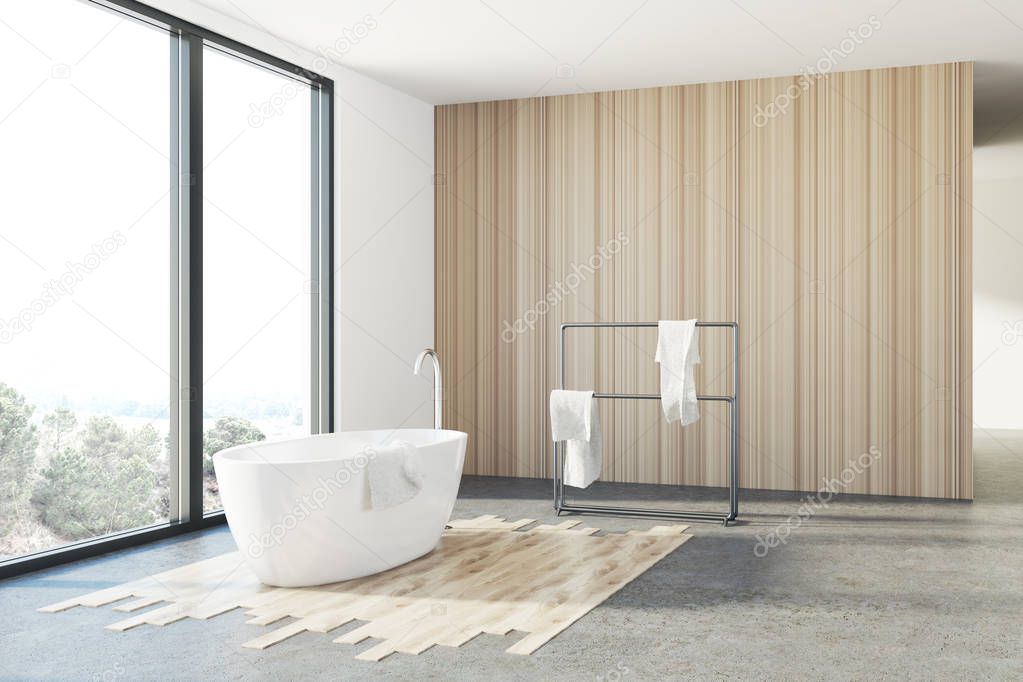 White and wooden bathroom, white tub, loft