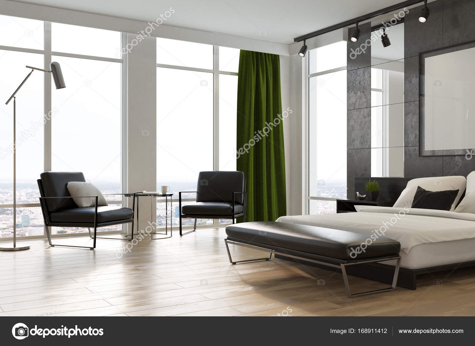Grijze slaapkamer interieur, poster, hoek — Stockfoto ... Grijze slaapkamer interieur, poster, hoek — Stockfoto ...