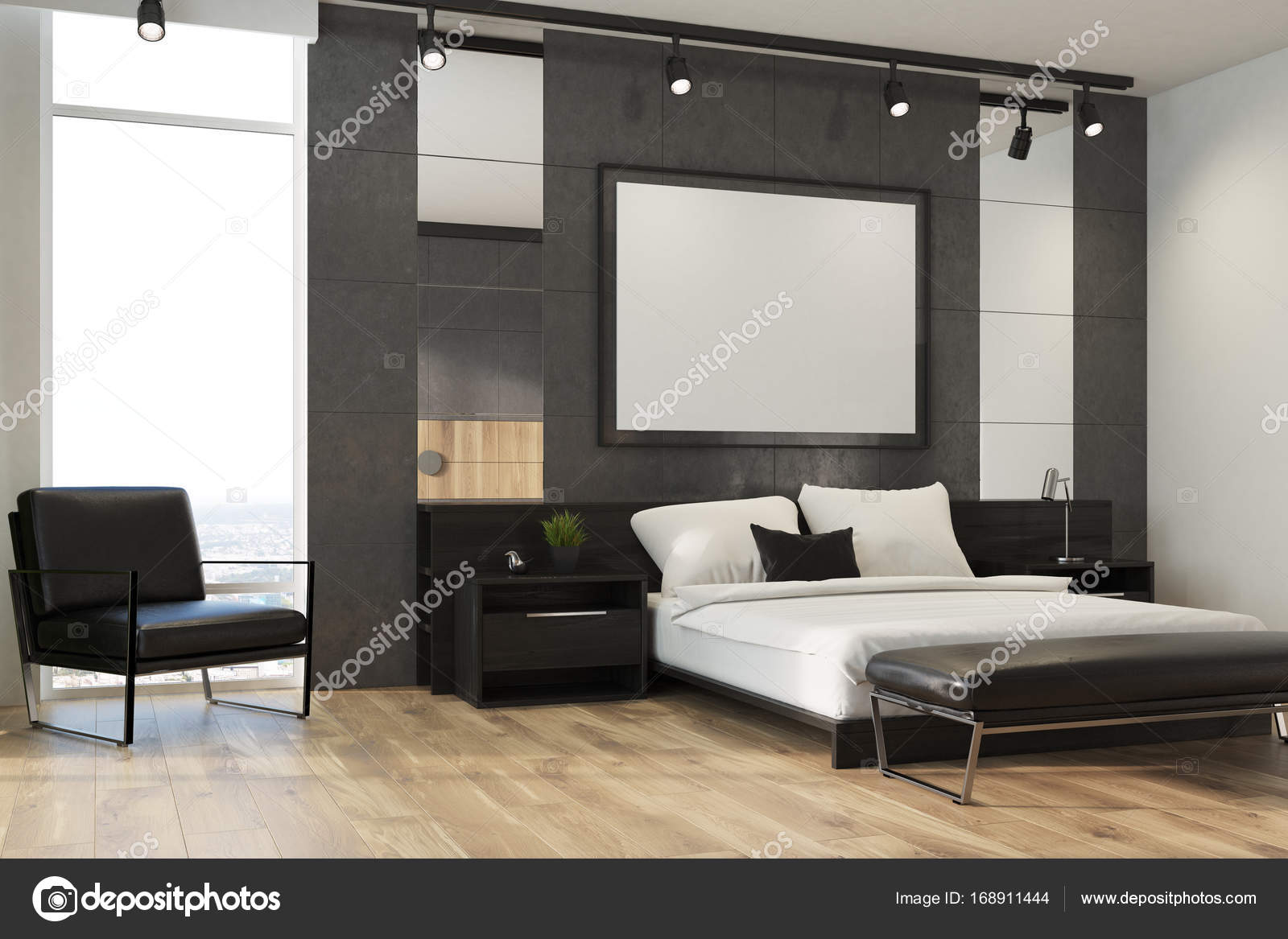 Grijze slaapkamer interieur, poster, leunstoel — Stockfoto ... Grijze slaapkamer interieur, poster, leunstoel — Stockfoto ...