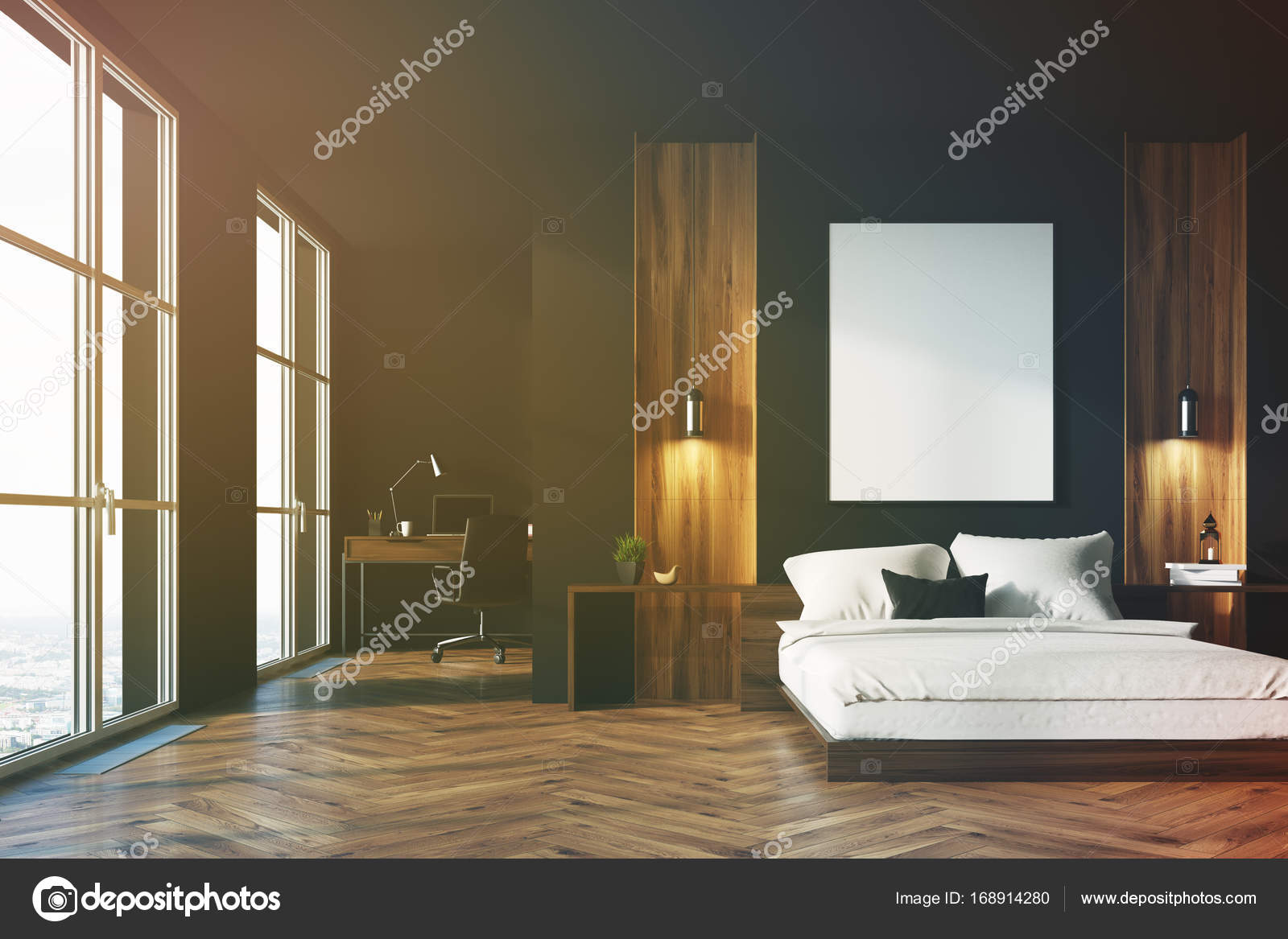 Zwart en houten slaapkamer, kantoor aan huis — Stockfoto ... Zwart en houten slaapkamer, kantoor aan huis — Stockfoto ...