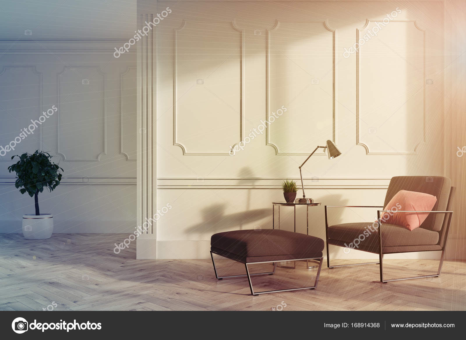 Wit woonkamer interieur, grijze fauteuil toned — Stockfoto ... Wit woonkamer interieur, grijze fauteuil toned — Stockfoto ...