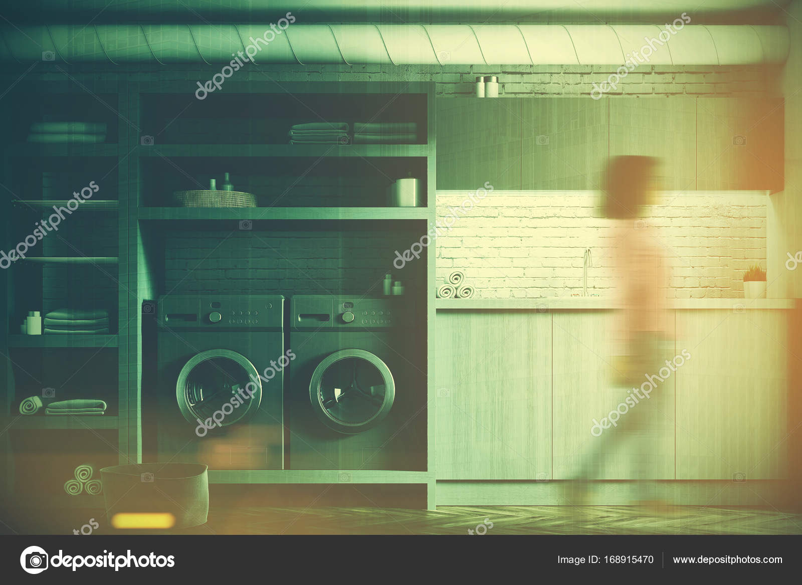 White Laundry Room Gray Washing Machines Girl Stock