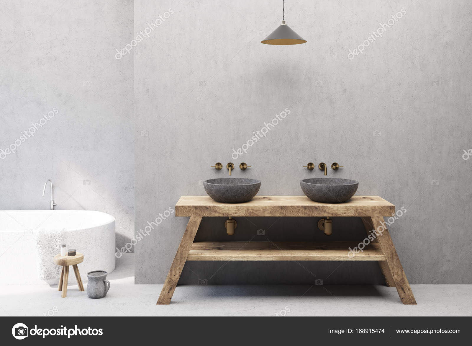Beton und Holz Badezimmer Interieur, Doppel-Waschbecken — Stockfoto ... Beton und Holz Badezimmer Interieur, Doppel-Waschbecken — Stockfoto ...