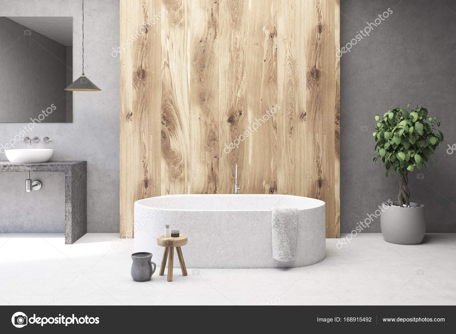Beton und Holz Badezimmer Interieur, Badewanne — Stockfoto ... Beton und Holz Badezimmer Interieur, Badewanne — Stockfoto ...