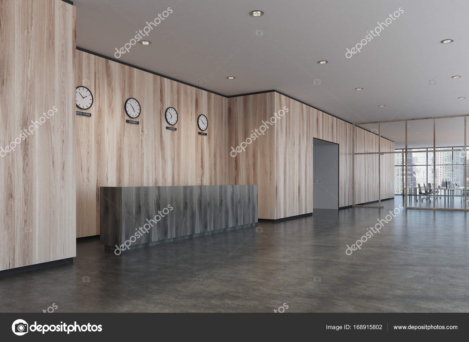 Black Reception Desk Light Wooden Office Side Stock Photo C Denisismagilov 168915802