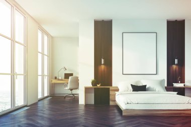 Beyaz ve ahşap yatak odası, ev ofis tonda