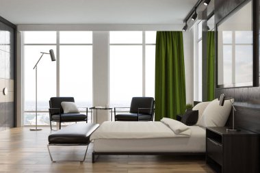 Gri yatak odası iç, poster, yan görünüm