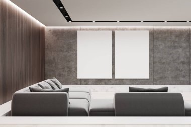 Wooden living room gray sofas, posters