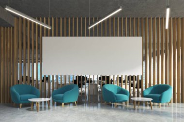 Mavi ofis koltuklar, alanda bekleyen poster