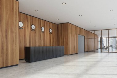 Siyah resepsiyon masası, ahşap ofis, yan görünüm