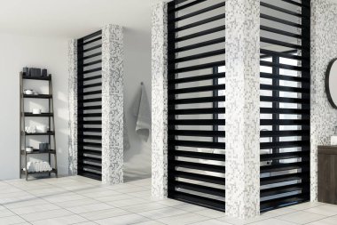 Beyaz döşeli banyo, duş, yan