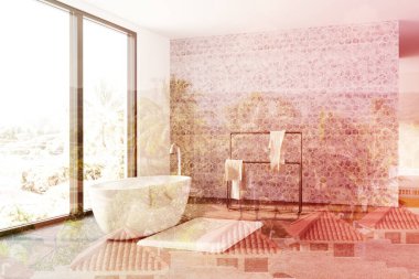 Beton banyo, beyaz küvet, çatı Çift