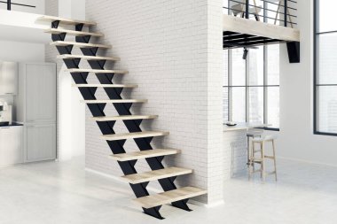 Beyaz tuğla mutfak, siyah merdiven, yan görünüm