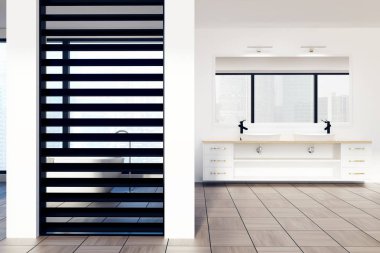 Lüks siyah ve beyaz banyo, lavabo, pencere