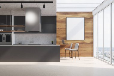 Siyah mutfak tezgahı, ahşap ve beton, poster