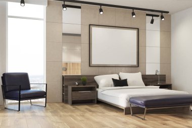 Işık gri yatak odası iç, poster, koltuk