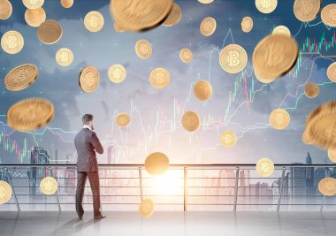 Bir belge, bitcoin yağmur, grafikler ile işadamı