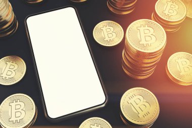 Boş ekran smartphone, bitcoins, tonda Üstten Görünüm