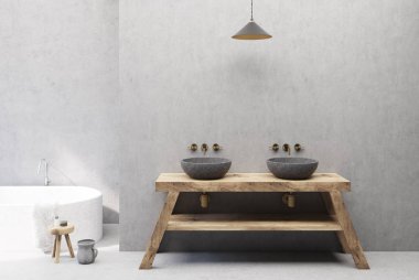 Beton ve ahşap banyo iç, çift lavabo