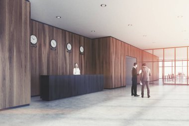 Siyah resepsiyon masası, ahşap ofis, yan, insanlar