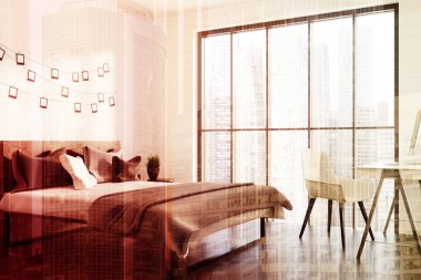 Beyaz yatak odası iç, ev ofis tonda