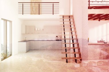 Beyaz tuğla mutfak, ahşap konsolları Çift Kişilik