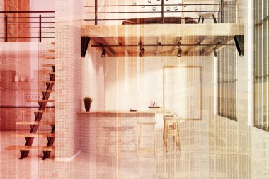 Tuğla mutfak bar ile bir poster Çift Kişilik