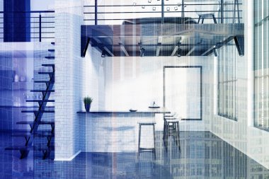 Tuğla mutfak bar ile bir poster, gri tonlu