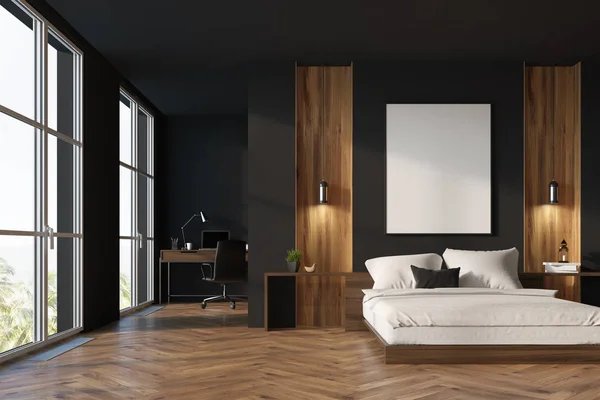 Czarny i drewniane sypialnia, biuro w domu — Zdjęcie stockowe