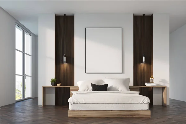 Biały i drewniane sypialnia wnętrza — Zdjęcie stockowe