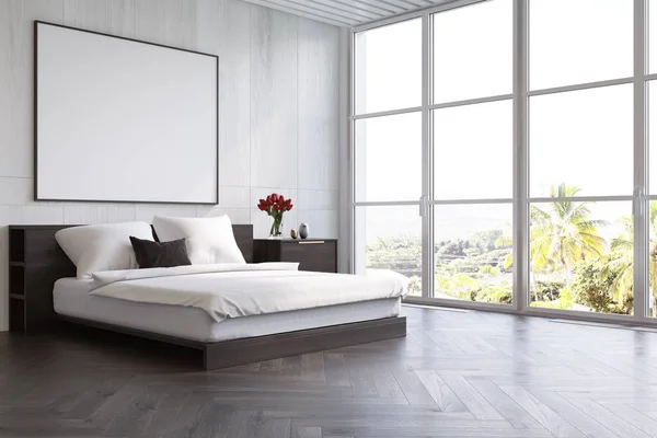 Białe drewniane sypialnia z plakatu, po stronie — Zdjęcie stockowe