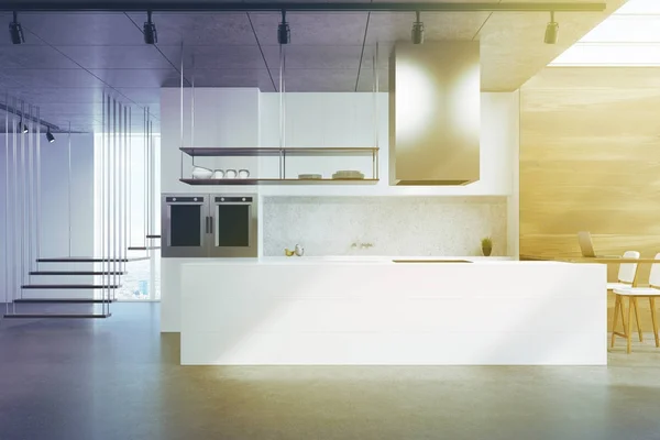 Белый кухонный стол, тонированный деревом и бетоном — стоковое фото