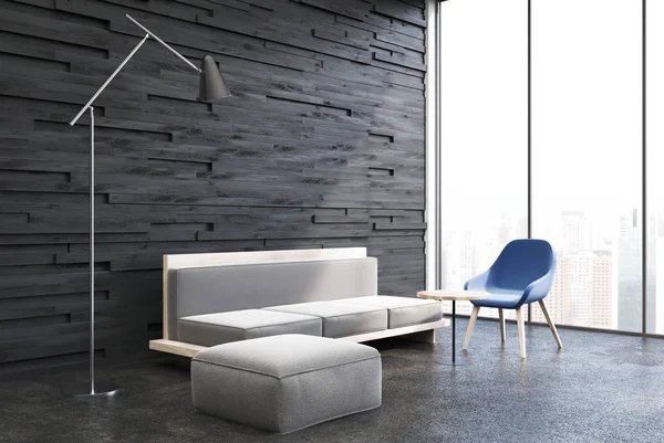 Siyah ahşap oturma odası, beyaz kanepe