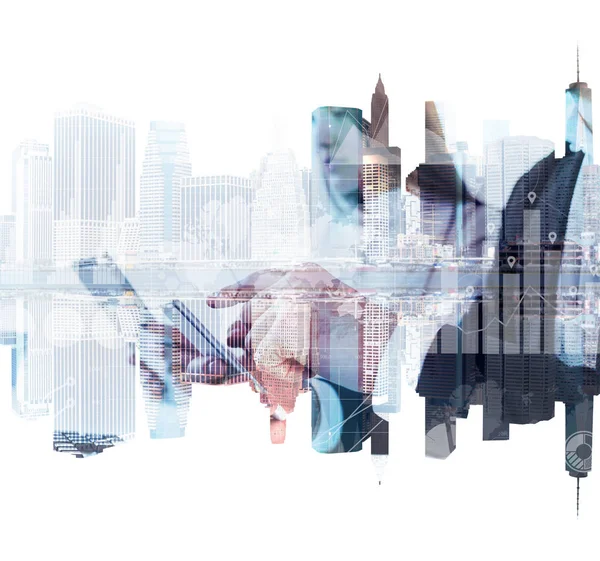 New York cityscape, işadamı ile smartphone