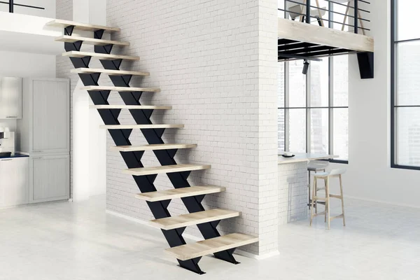 Beyaz tuğla mutfak, siyah merdiven, yan görünüm