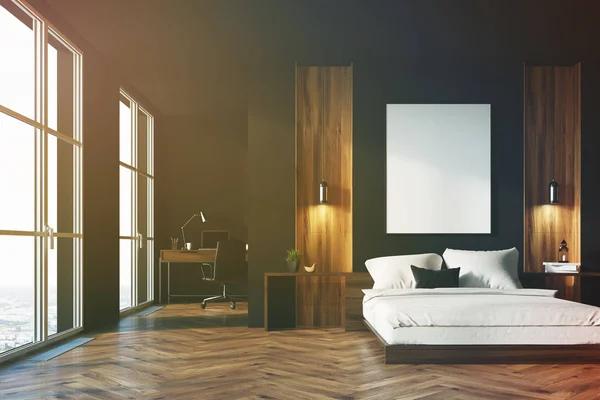 Svart och trä sovrum, hemmakontor — Stockfoto
