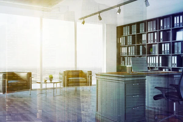 CEO office iç, kitaplık, tonda koltuklar