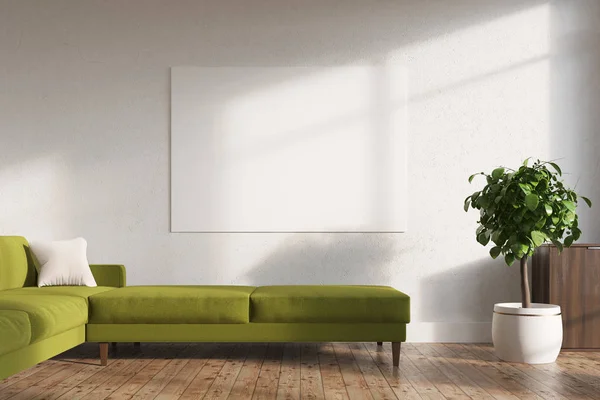 Weißes Wohnzimmer, Poster, grünes Sofa — Stockfoto