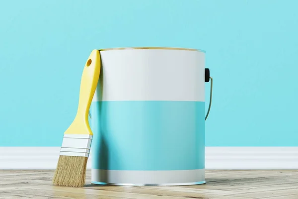 Mavi boya kovası ve bir fırça — Stok fotoğraf