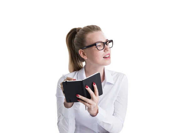 Mujer rubia joven en gafas de escritura, aislado — Foto de Stock