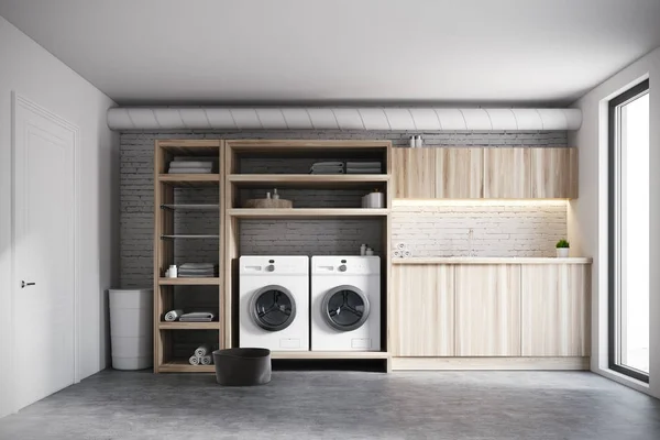 Interior ruang cuci putih dan kayu — Stok Foto