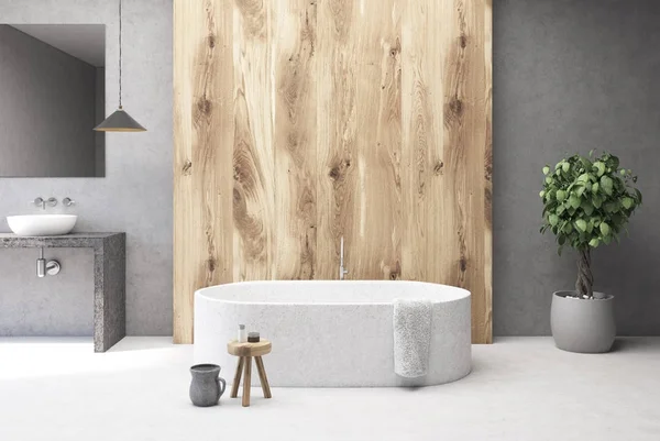 Concrete and wooden bathroom interior, tub — Stock Photo, Image
